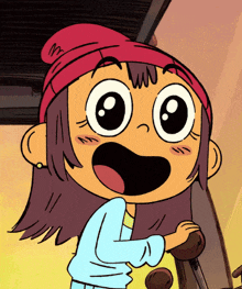 a cartoon girl wearing a red beanie and a blue sweater