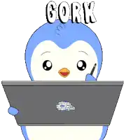 a penguin is holding a tablet with the word gork written on it