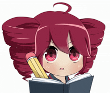 a girl with red hair is reading a book with a pencil in her mouth