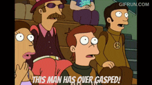 a group of cartoon characters are sitting on stairs and one of them is saying this man has over gasped