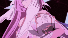 a girl with purple hair and white gloves is holding a purple object