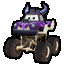 a purple monster truck with horns and big wheels .