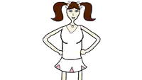 a drawing of a girl with pigtails wearing a white top and a pink skirt