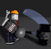a roblox character wearing a hard hat is holding a ball and a hammer .