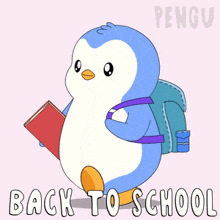 a penguin holding a book and a backpack with the words back to school written below it