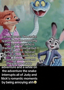 a cartoon of judy and nick with a snake in the background
