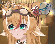a drawing of a girl with a cat ear wearing goggles with the word kenios on the bottom right