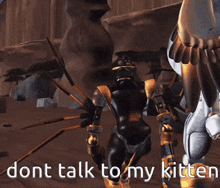a robot with a bow and arrow standing next to another robot with the words " dont talk to my kitten "