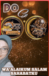 a woman wearing glasses and a hijab stands in front of a poster for doppio cafe