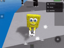 a spongebob character is holding a picture of a man with the words true on it