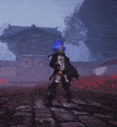a person in armor is standing in front of a building that has circles on it