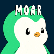 a green and white penguin with the word moar on its head