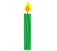 a green candle with a yellow flame is lit on a white background