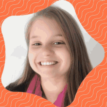 a girl with long brown hair is smiling in an orange frame