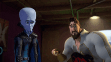 a man with a beard is standing next to a cartoon character with a large head