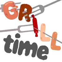 a sign that says " grill time " with a fork and a knife