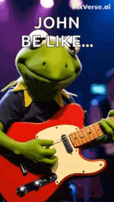 a kermit the frog is playing a red guitar