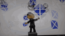 a drawing of a man surrounded by blue flags with the word share at the top