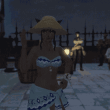 a woman in a bikini and straw hat is standing on a tiled floor