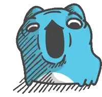 a cartoon drawing of a blue animal with its mouth open