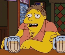 a cartoon character is sitting at a bar holding two mugs of beer