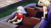 two anime girls are sitting in a boat and one is wearing a red top