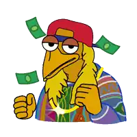 a cartoon character is wearing a colorful sweater and a hat and holding a gold chain around his neck