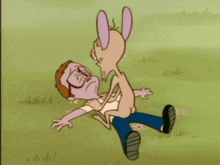 a cartoon of a man laying on the ground with a rabbit behind him