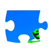 a blue puzzle piece with a green leaf in the middle