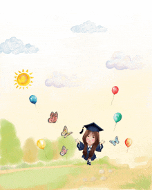 a girl in a graduation cap and gown is surrounded by balloons and the words congratulations
