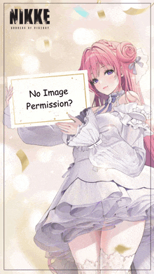 a girl with pink hair holding a sign that says no image permission