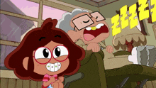 a cartoon character with glasses is sitting next to an elderly woman