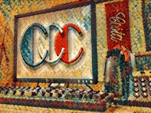 a painting of a computer with the letters cc on the screen