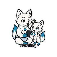 a sticker of two foxes with the word scrolling underneath