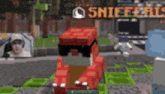 a screenshot of a minecraft game with a sniper logo in the background
