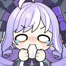 a cartoon drawing of a girl with purple hair holding a napkin in her mouth