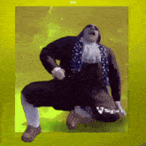 a man in a suit is dancing in front of a yellow background with the word gas on it
