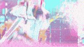 a girl with long hair is holding a sword in her hand in a pink and blue background .