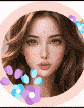 a close up of a woman 's face with flowers around her