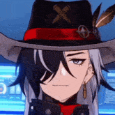a close up of a person wearing a cowboy hat with a red band .