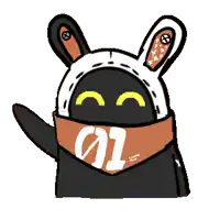 a cartoon drawing of a black rabbit wearing a scarf with the number 01 on it