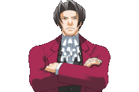 a man in a red suit with his arms crossed looks angry