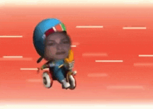 a cartoon character wearing a helmet is riding a motorcycle on a red road .