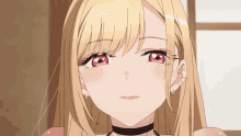 a close up of a blonde anime girl with red eyes and a choker around her neck