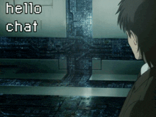 a man in a suit looks at a screen that says hello chat