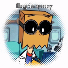 a cartoon character with a paper bag on his head and the words flug de sunny written above him