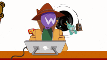 a cartoon character with a hat and a purple head with a w on it