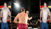 a man without a shirt is standing in a wrestling ring with two other men