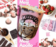 a collage of meiji apollo and milkitas