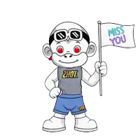 a cartoon character is holding a flag that says " miss you "
